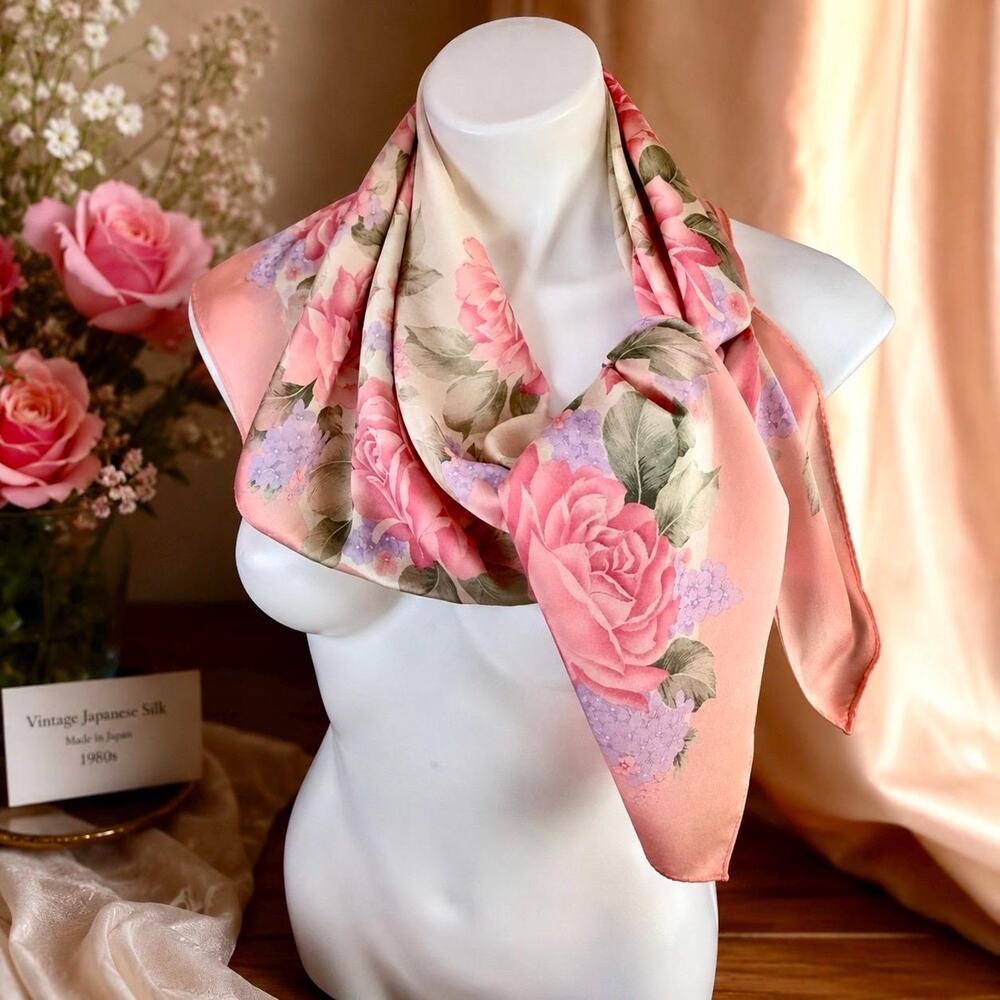 Vintage Japanese Silk Scarf 34” Pink Rose Floral Peach Border 80s Made in Japan